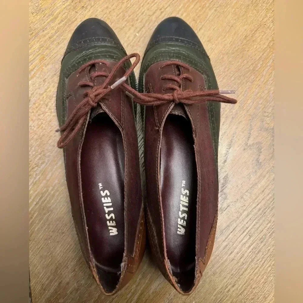 Westies Dress Shoes Oxford Leather Slip On Flats VTG Green and Brown  7 M